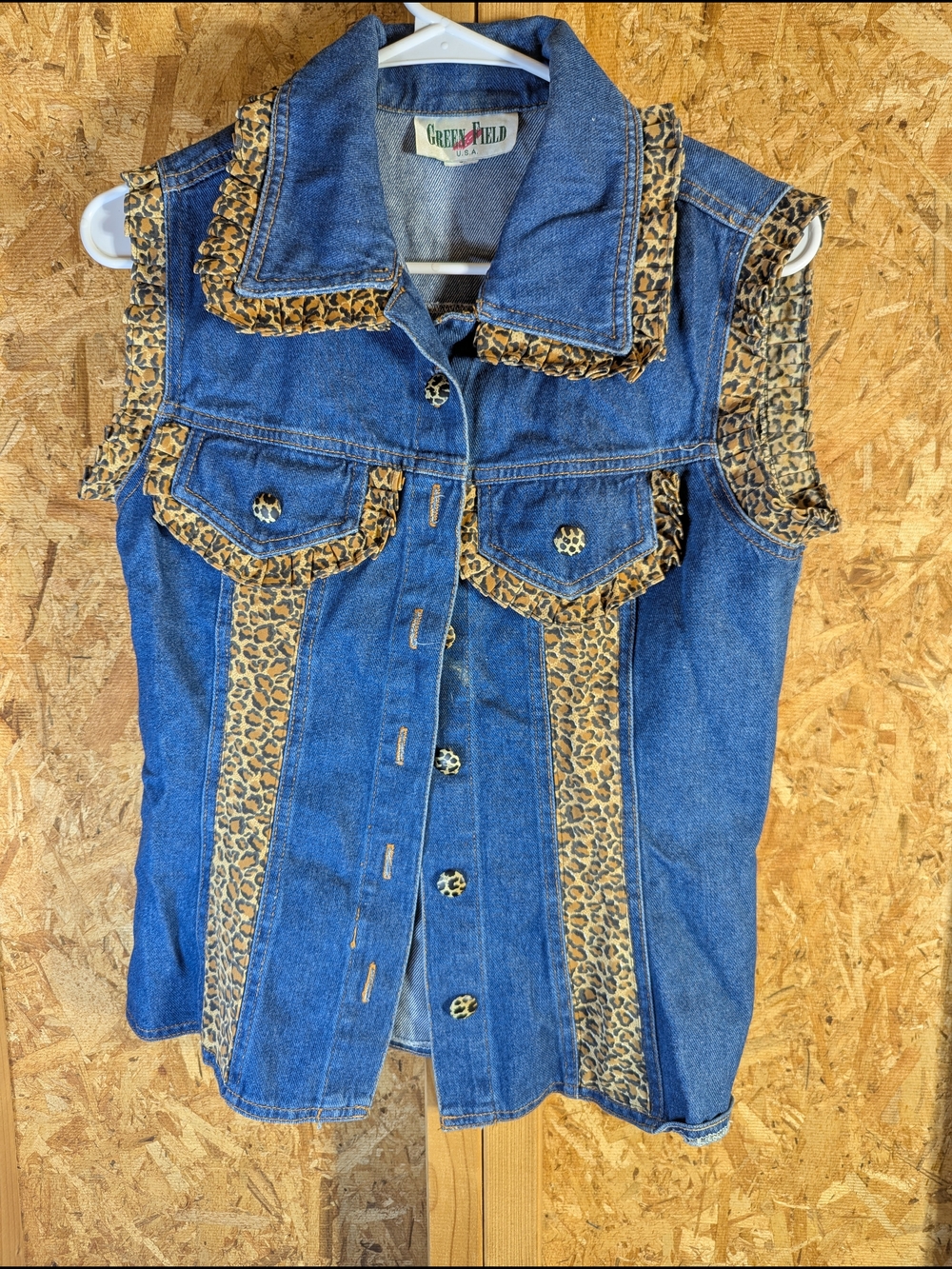 Womens Blue Denim Vest with Leopard Trim